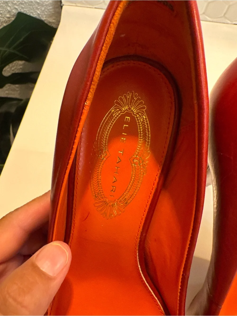 Elie Tahari Luxe Burnt Orange Harper Leather Pumps with Purple Accent $398